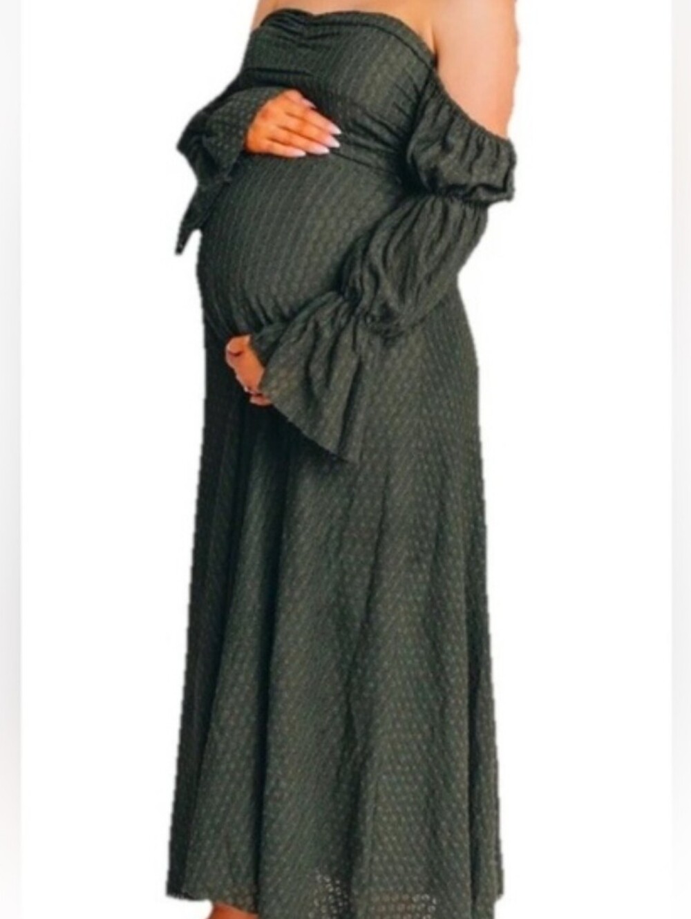 Worth Collective Olive Green Puff-Sleeve Midi Dress